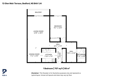 Floor plan for 1 bed, 1 bath